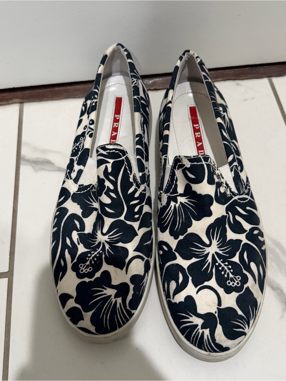 Prada Black & White Floral Slip-On Moccasins